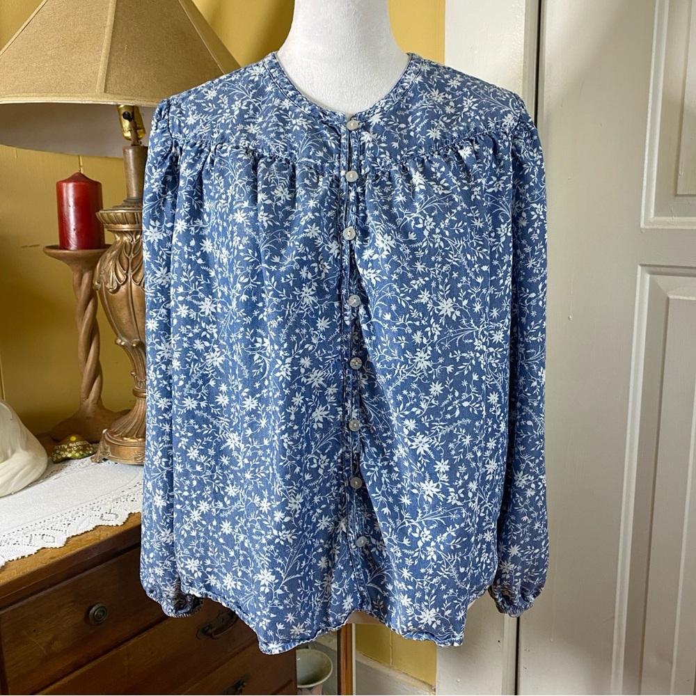TIME & TRU Blue Floral Button Front Blouse Top Cottagecore Prarie Size XL 16-18